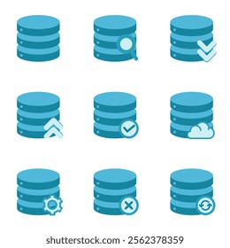 database icon set with various additional symbol. datum symbol. data storage.