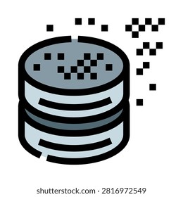 Database icon showing information decay with pixelated blocks breaking away from the disk, illustrating concepts of data loss, error, and system instability
