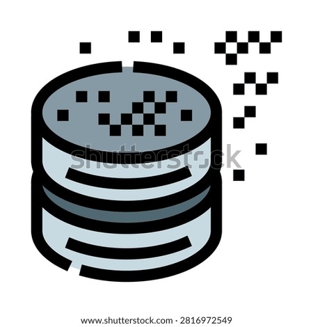 Database icon showing information decay with pixelated blocks breaking away from the disk, illustrating concepts of data loss, error, and system instability