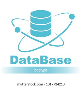 Database icon. Simple flat logo of the database with orbit and satellite 03, vector illustration