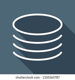 Database icon. Simple linear symbol, thin outline. White flat icon with long shadow on background