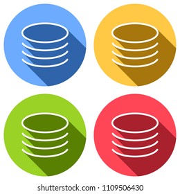 Database icon. Simple linear symbol, thin outline. Set of white icons with long shadow on blue, orange, green and red colored circles. Sticker style