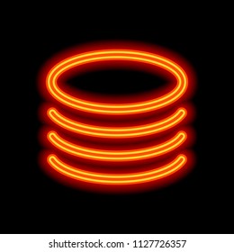 Database icon. Simple linear symbol, thin outline. Orange neon style on black background. Light icon