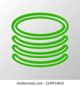 Database icon. Simple linear symbol, thin outline. Paper style. Cut symbol with green bold contour on shape and simple shadow