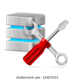 Database icon with tools. Illustration on white