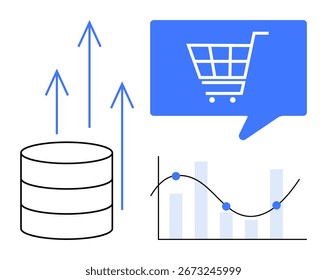 Icono de la base de datos, flechas hacia arriba, Carrito de compras en la burbuja de voz y gráfico con barras y línea. Ideal para comercio electrónico, análisis de datos, crecimiento de negocios, tendencias del mercado, análisis financiero, compras en línea