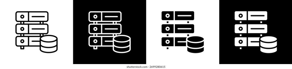 Variaciones del icono de la base de datos en estilo de línea y glifo sobre fondo blanco y negro