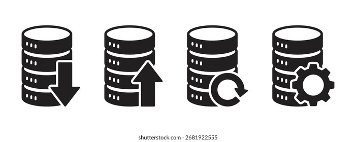 Database icons with download, upload, refresh, and setting symbols. Data management