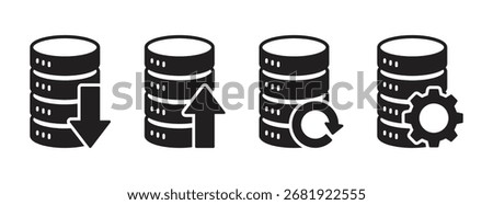 Database icons with download, upload, refresh, and setting symbols. Data management