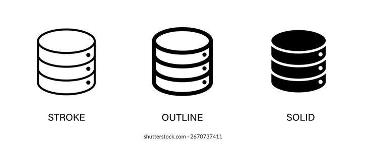 Iconos de la base de datos con estilo editable, contorno y estilos sólidos. Iconos del vector para el diseño, la tecnología, el ordenador, el almacenamiento y los datos de la interfaz de usuario.