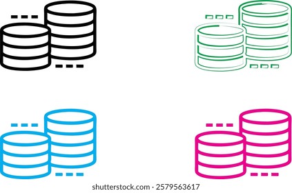 Database icons, minimalist design, stacked cylinders, four color variations, black and white, green, blue, pink, simple line drawing, tech illustration, data storage symbol, vector graphics, clean sty