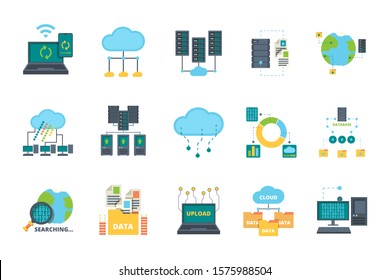 Database icons. Server cloud management network processes security computer bases online vector flat pictures set