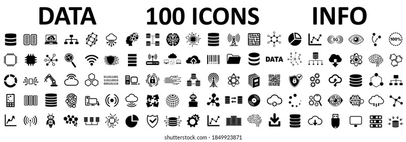 Database icons set, 100 big data universal icons set, data analysis, statistics, analytics web signs - stock vector