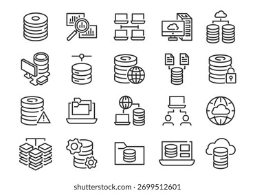 Ícones do banco de dados. Conjunto de 20 ícones mínimos da moda do banco de dados. Ícone Servidor, Nuvem, Pasta, Rede, Bloqueio. Sinais de design para design de empacotamento de aplicativo móvel de página da Web. Ilustração vetorial