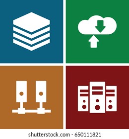 Database icons set. set of 4 database filled icons such as server, download cloud