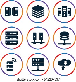 Database icons set. set of 9 database filled icons such as server, download cloud