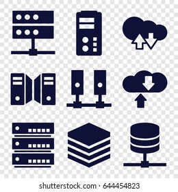 Database icons set. set of 9 database filled icons such as server, cloud download upload, download cloud
