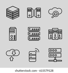 Database icons set. set of 9 database outline icons such as server, search cloud, download cloud
