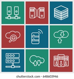 Database icons set. set of 9 database outline icons such as server, cloud download upload, search cloud, download cloud