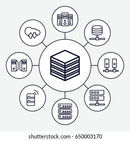 Database icons set. set of 9 database outline icons such as server, cloud download upload