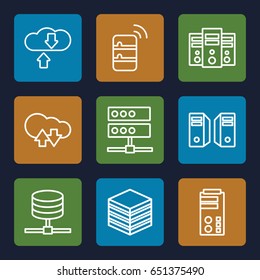 Database icons set. set of 9 database outline icons such as server, cloud download upload, download cloud