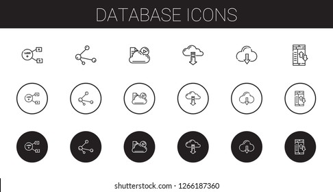 database icons set. Collection of database with sharing, share, cloud, cloud computing, data transfer. Editable and scalable database icons.