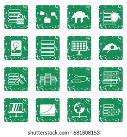Database icons set in grunge style green isolated vector illustration