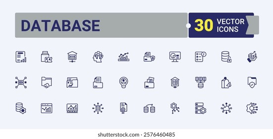 Database icons set in linear style. Contains related to research, cyber, finance, mobile, digital, analytics, filter, database. Minimalistic icons. Vector line and solid icons.