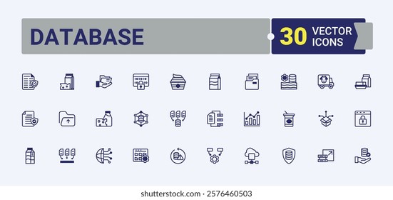 Database icons set in linear style. Contains related to research, cyber, finance, mobile, digital, analytics, filter, database. Minimalistic icons. Vector line and solid icons.