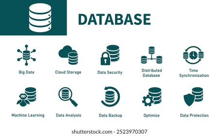 Iconos de la base de datos. Conjunto de símbolos de Vector sólido en almacenamiento, computación en la nube, tecnología informática, sincronización de datos, seguridad.