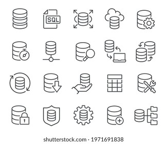 Database Icons Set. Such As Data Processing And Management, Customization, Exchange, Protection, Repair And Others. Editable Vector Stroke.