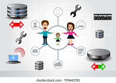 Database Icons Vector with funny cartoon family. Marketing concept.