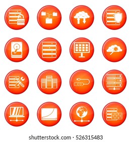 Database icons vector set of red circles isolated on white background