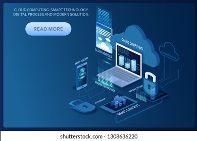 Database illustration in isometric style. Vector concept includes server, protection and other. May be used as landing page, web project. Lock option.