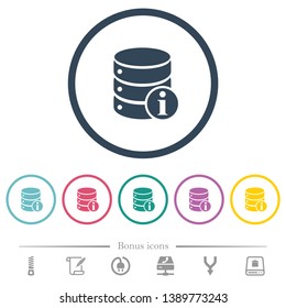 Database info flat color icons in round outlines. 6 bonus icons included.