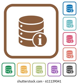 Database info simple icons in color rounded square frames on white background