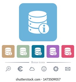 Database info white flat icons on color rounded square backgrounds. 6 bonus icons included