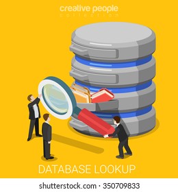 Database information lookup search flat 3d isometry isometric technology concept web vector illustration. Micro businessman magnifier searching data folder on server. Creative people collection.