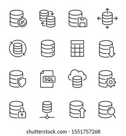 Database, information storage linear vector icons set. Info processing and management outline symbols bundle isolated on white. Computerized data organization contour drawings collection