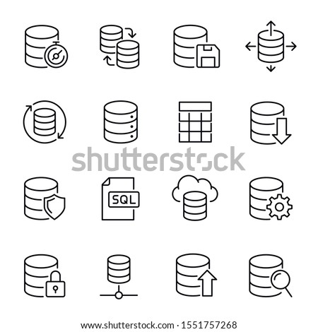 Database, information storage linear vector icons set. Info processing and management outline symbols bundle isolated on white. Computerized data organization contour drawings collection