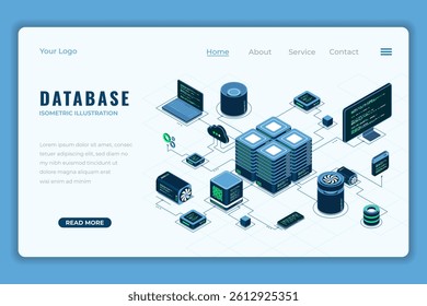 Database isometric landing page. Internet of things. Cloud computing online database technology. Isometric technology