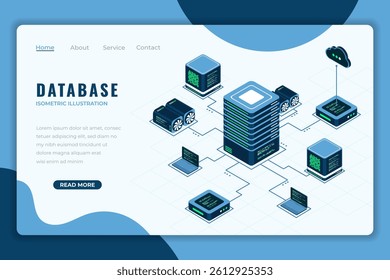 Database isometric landing page. Internet of things. Cloud computing online database technology. Isometric technology