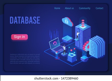 Database landing page dark neon light isometric vector template. Internet of things, data server storage 3d web banner. Telecommunication, cloud computing service website homepage.