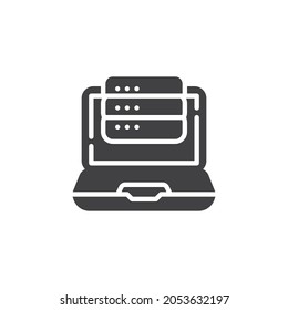 Database and laptop vector icon. filled flat sign for mobile concept and web design. Laptop computer server glyph icon. Symbol, logo illustration. Vector graphics