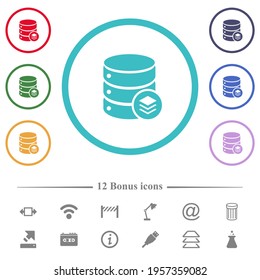 Database layers flat color icons in circle shape outlines. 12 bonus icons included.