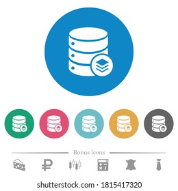 Database layers flat white icons on round color backgrounds. 6 bonus icons included.