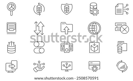 Database line icon collection. Data, management, documents, internet, business, web, host, hotspot, data storage, mobile, data, network, and sync icon set. UI outline icon pack