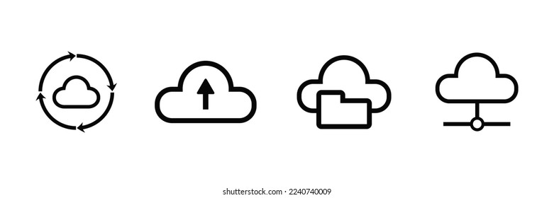 Database line icon set. Collection of black database or storage with cloud symbol in flat design style.