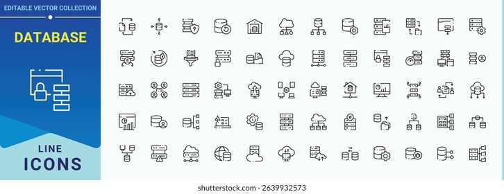 Database linear icon collection. Server line icon set. Contains such symbols as analytics, server, storage, hosting, data center, cloud data, data and more. Editable stroke collections.