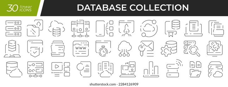 Database linear icons set. Collection of 30 icons in black